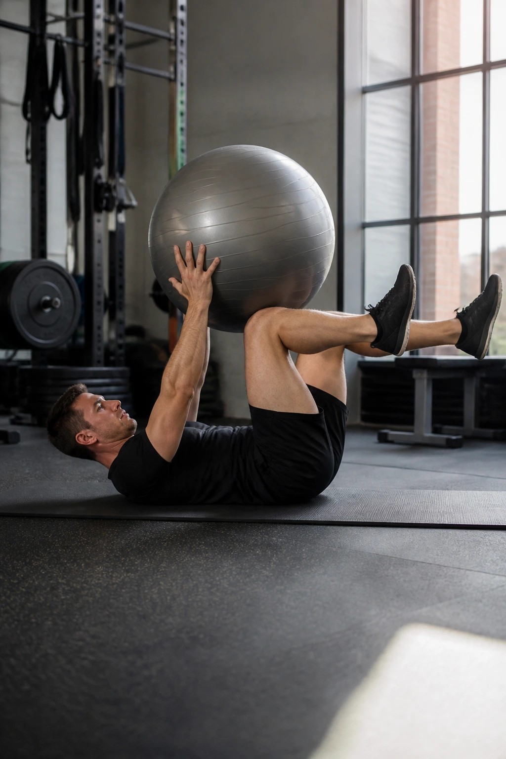 Person performing Stability Ball Dead Bug Press with ball between hands and knees, core braced