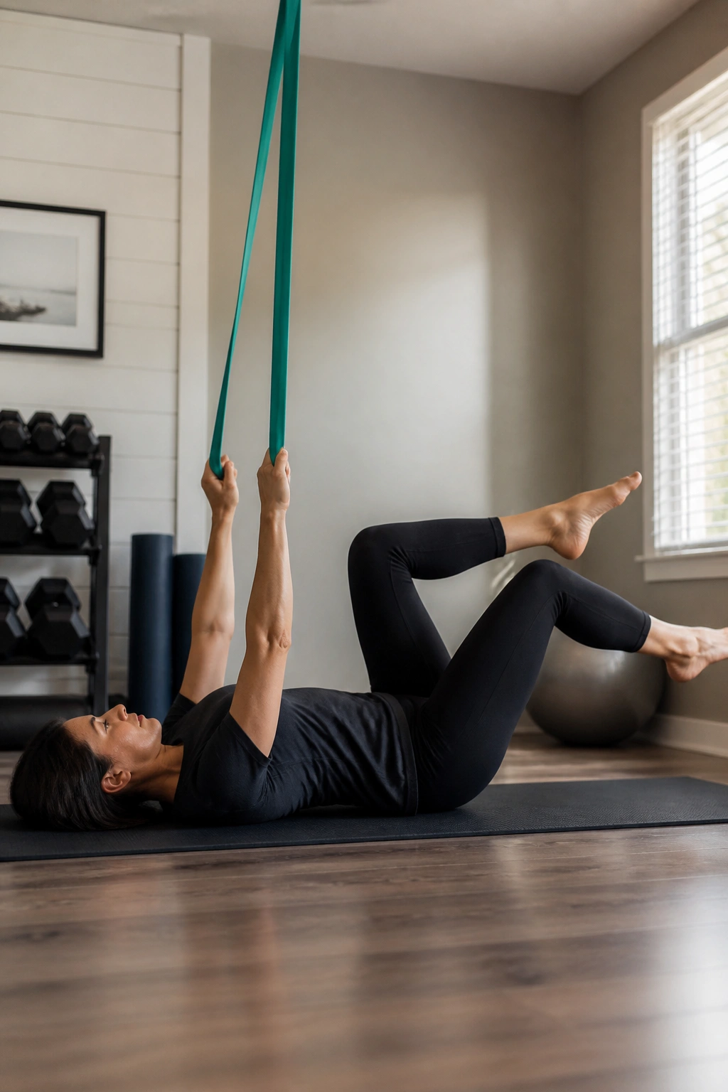 Person performing dead bug band pulldown on back with overhead band