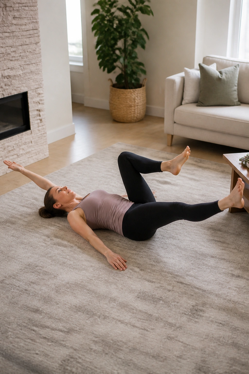 Back-lying person performing a controlled dead bug reach with pelvis stable in a home setting