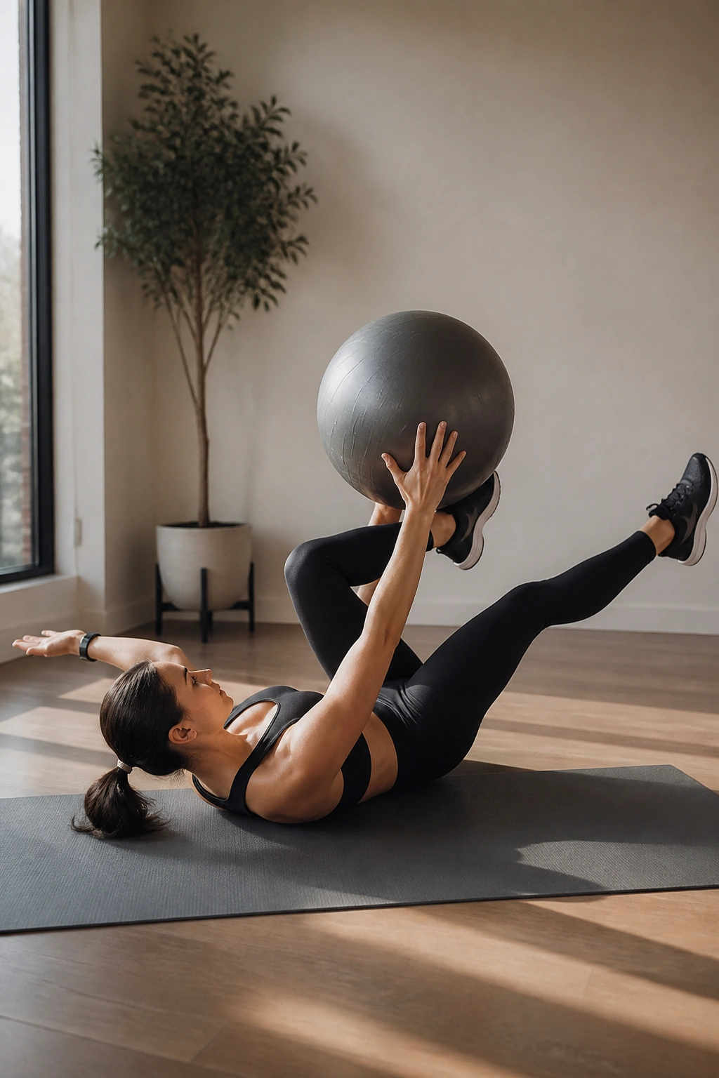 Person performing stability ball dead bug with ball between hands and knees