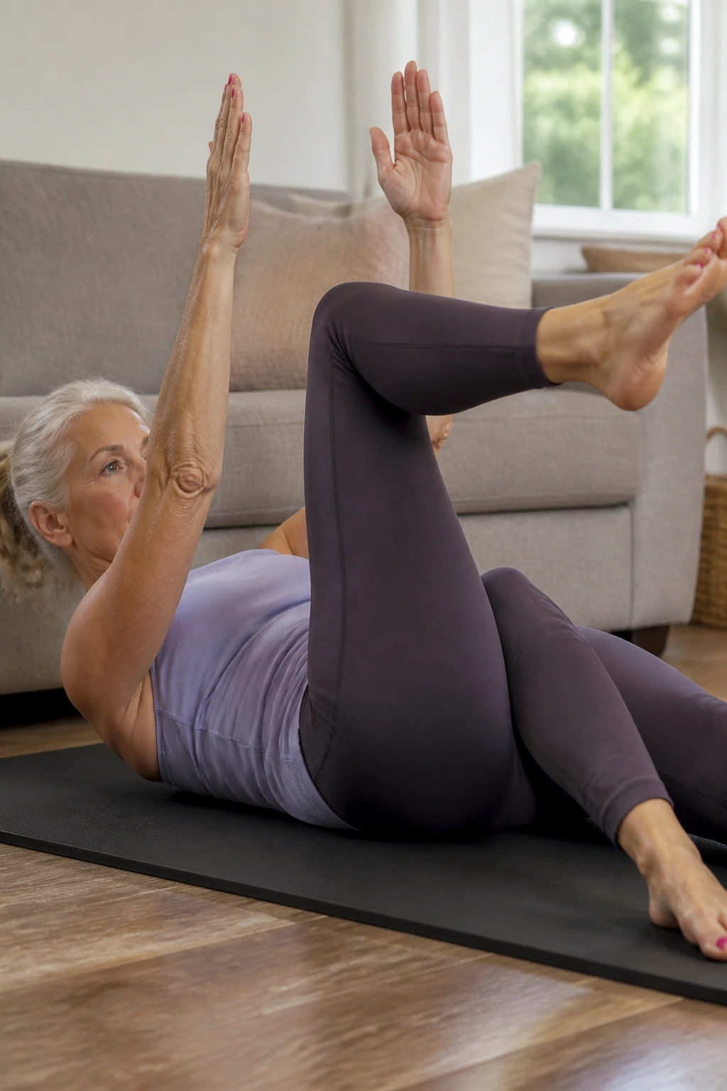 Real person performing Dead Bug Heel Taps on a mat to build core strength at home.