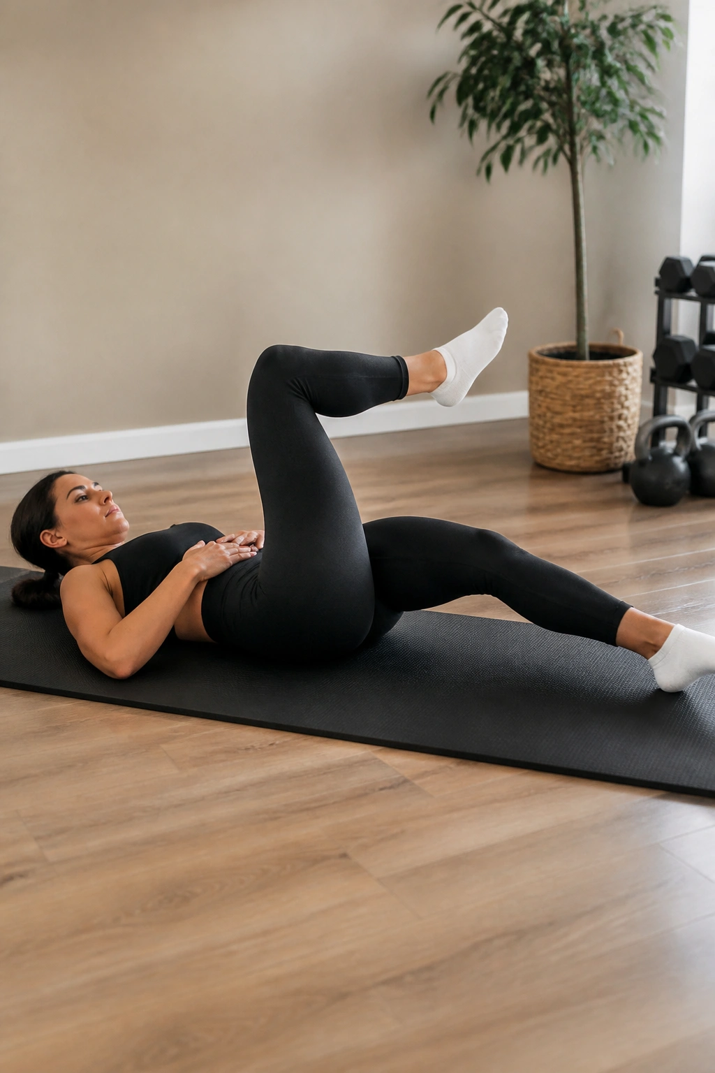Person performing dead bug toe taps with controlled core engagement on a mat