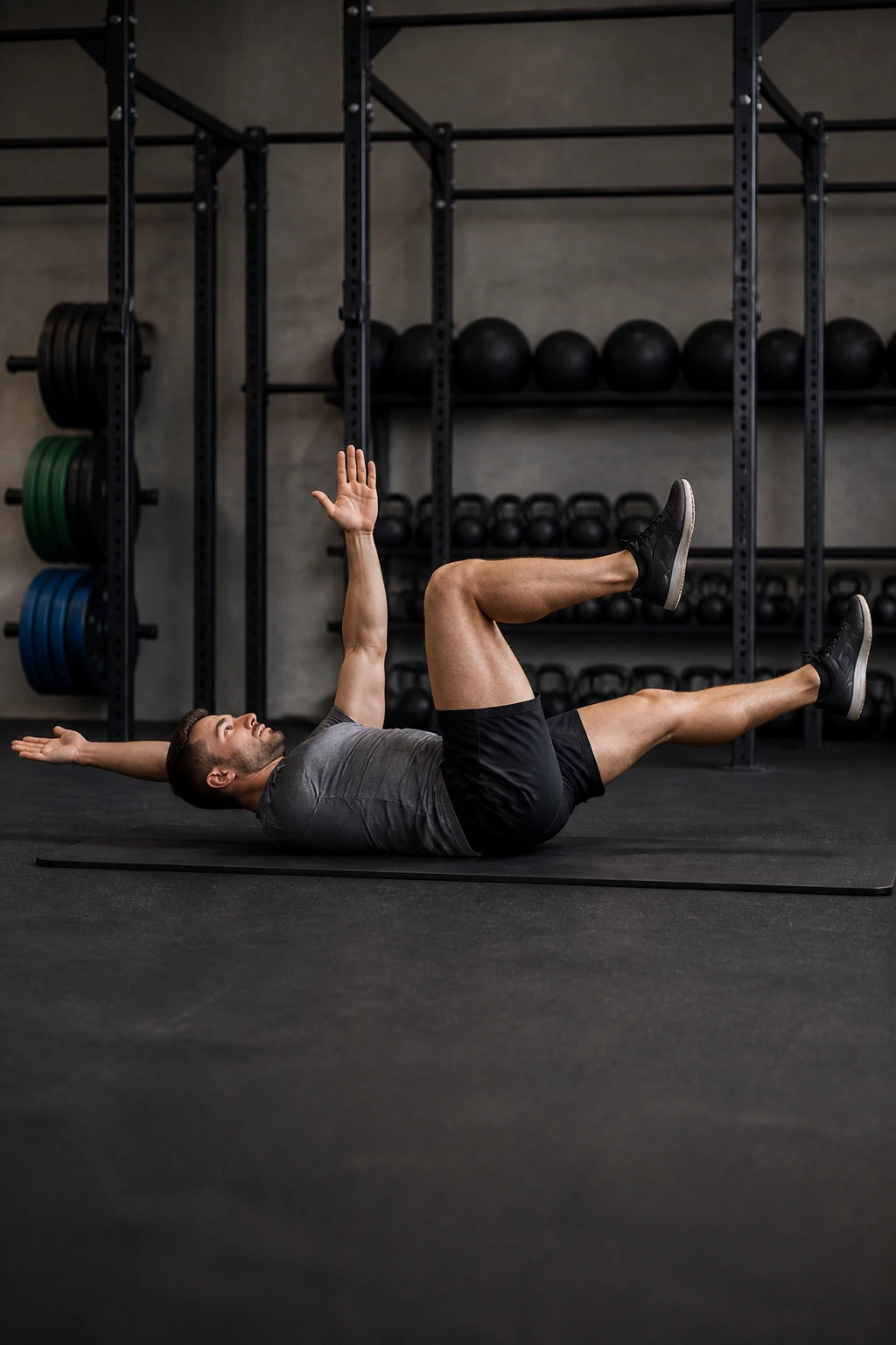 Person performing dead bugs exercise on a gym mat