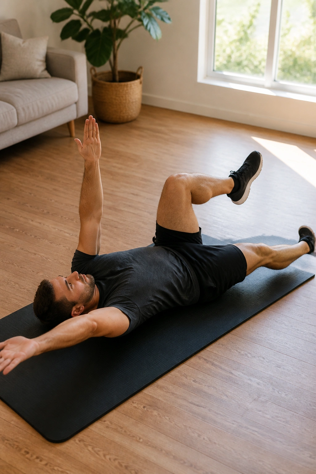 Person performing dead bug exercise on mat with spine flat to floor