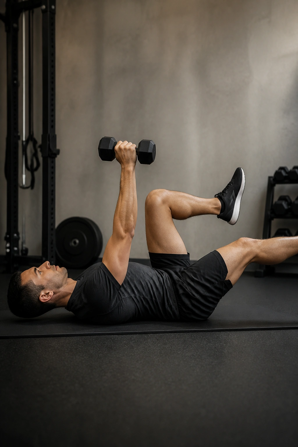 Person performing dumbbell dead bugs with weight overhead, keeping the back pressed to the mat.