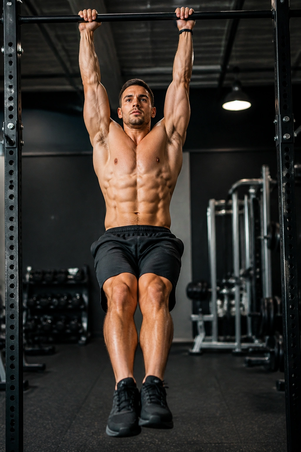Close-up of a person performing a dead hang with a braced core on a pull-up bar in a gym