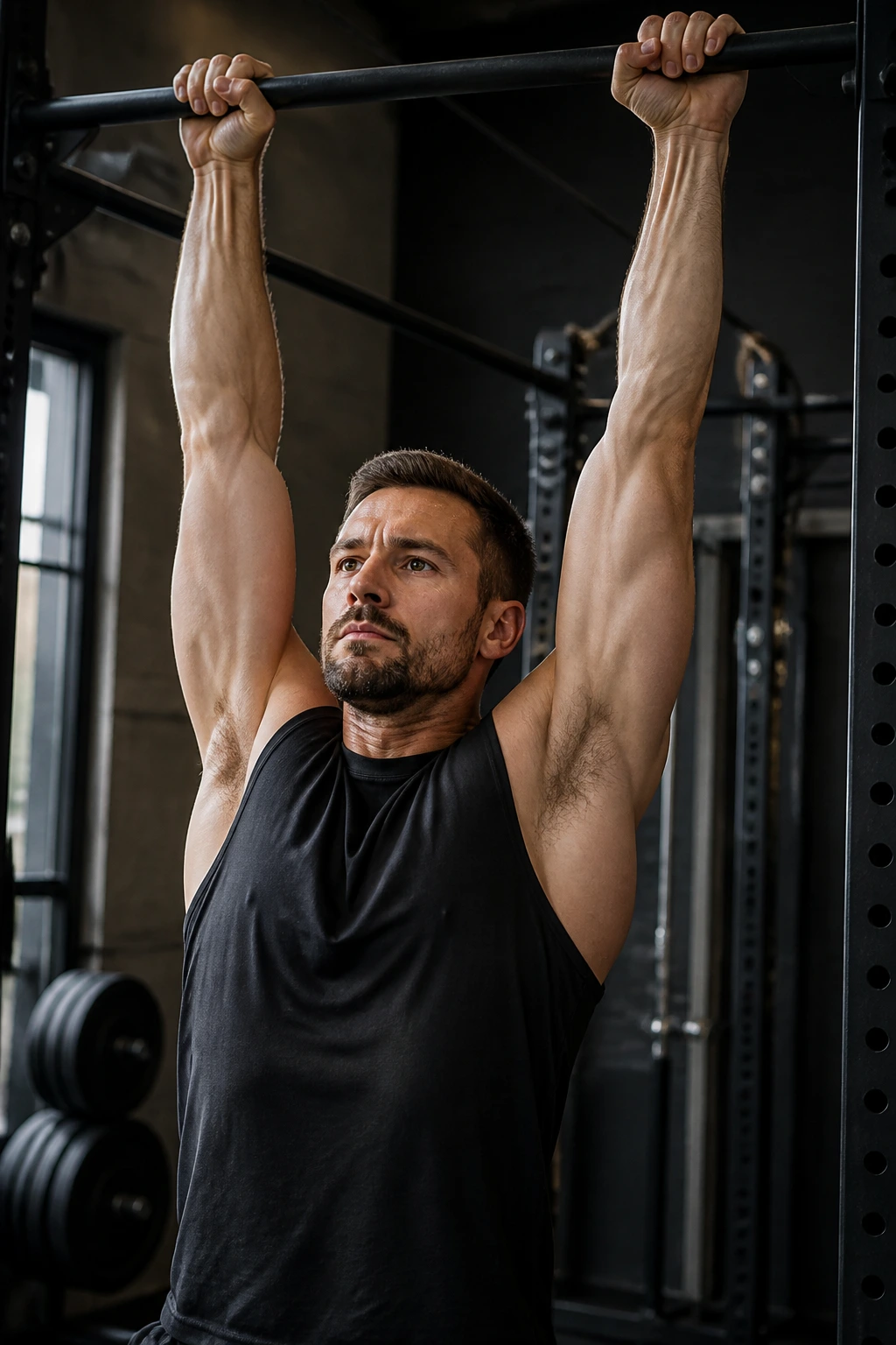 Close-up of a real person dead hanging from a pull-up bar showing grip and shoulder engagement