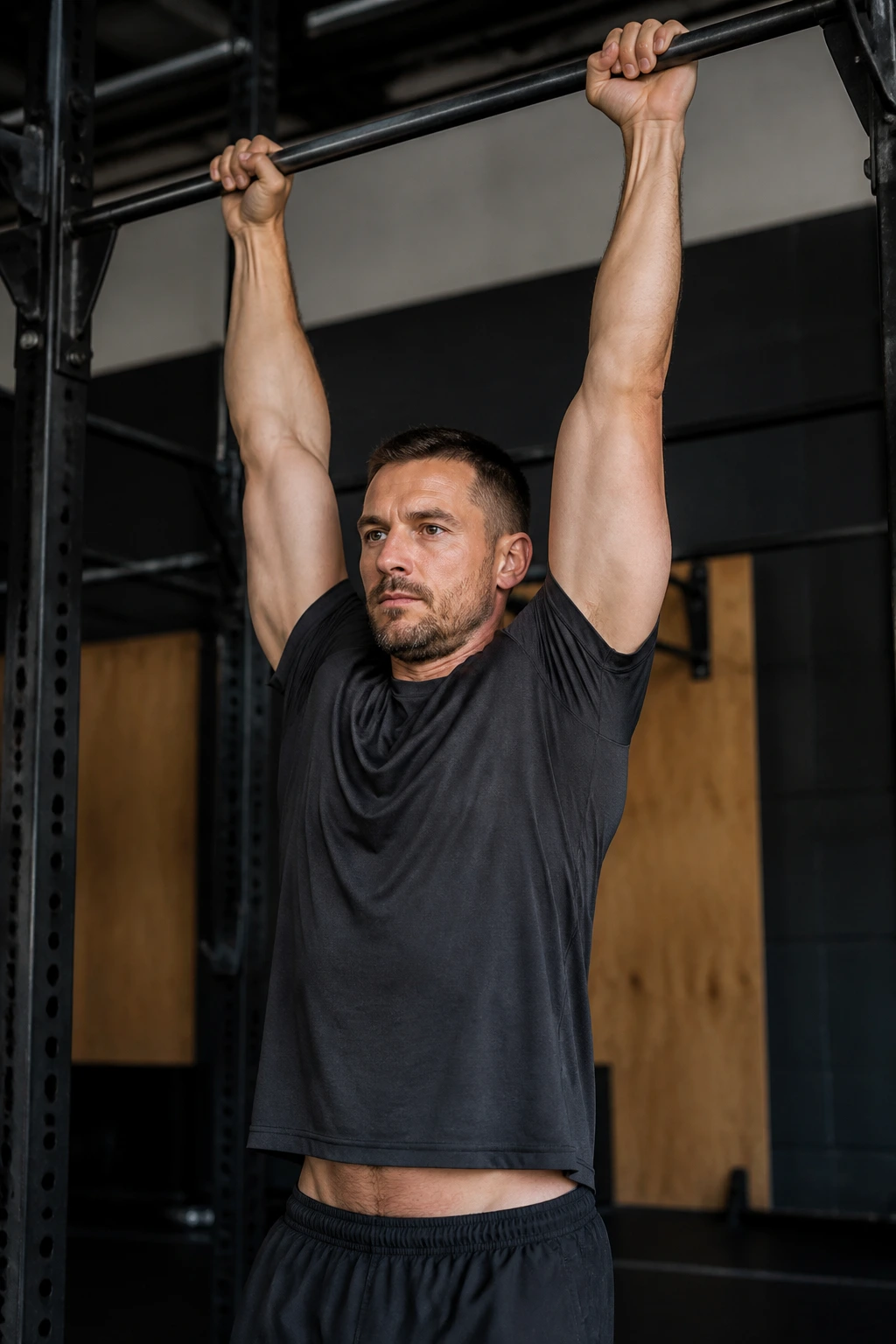 Person performing dead hang with shoulder depression and grip decompression
