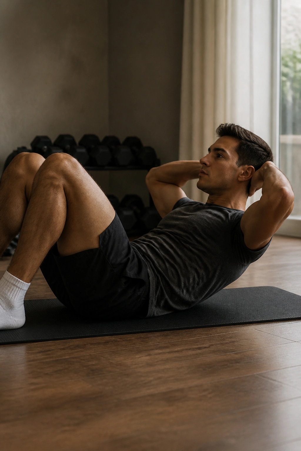 Person performing dead-stop floor crunch with a paused bottom position.