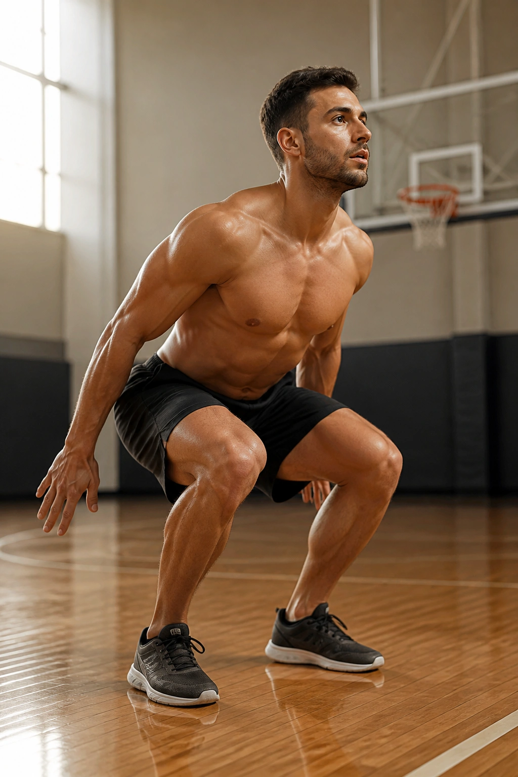 Athlete in a shallow squat preparing to jump from a dead stop