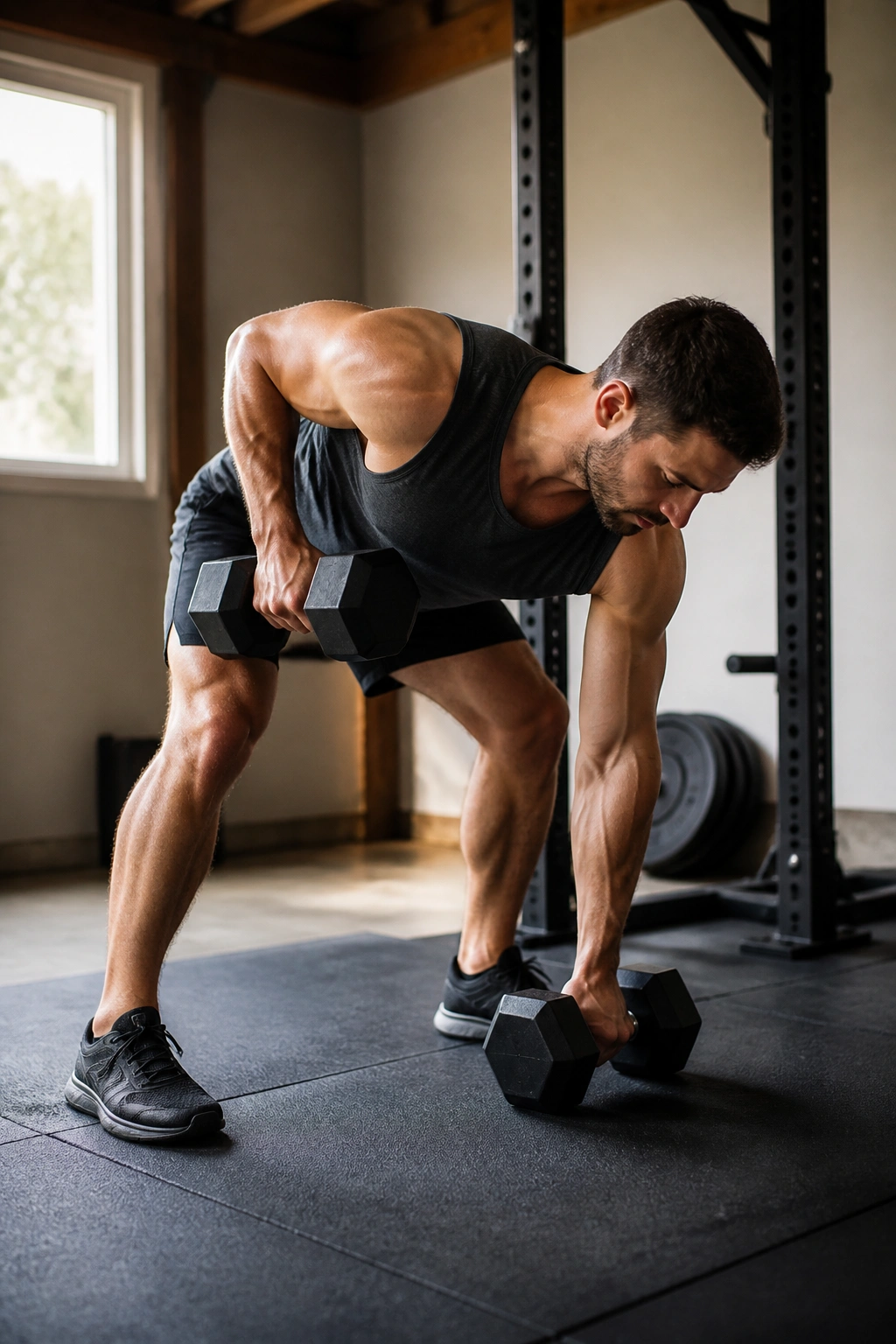 Bent-over dumbbell row from floor with reset at bottom in home gym