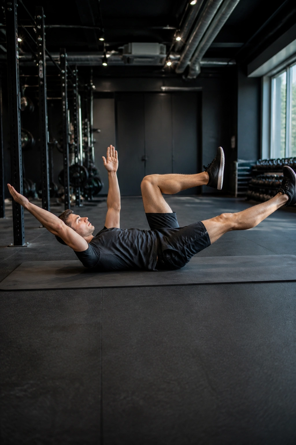 Dead bug exercise with fast tempo on mat.