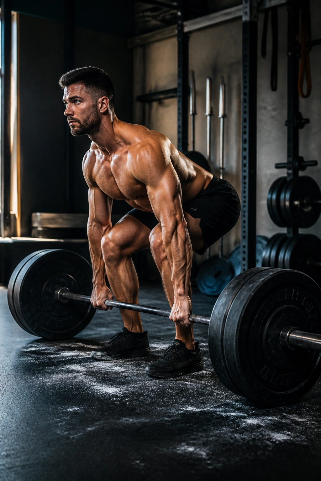 Mid-shot of lifter at starting deadlift with engaged back and glutes