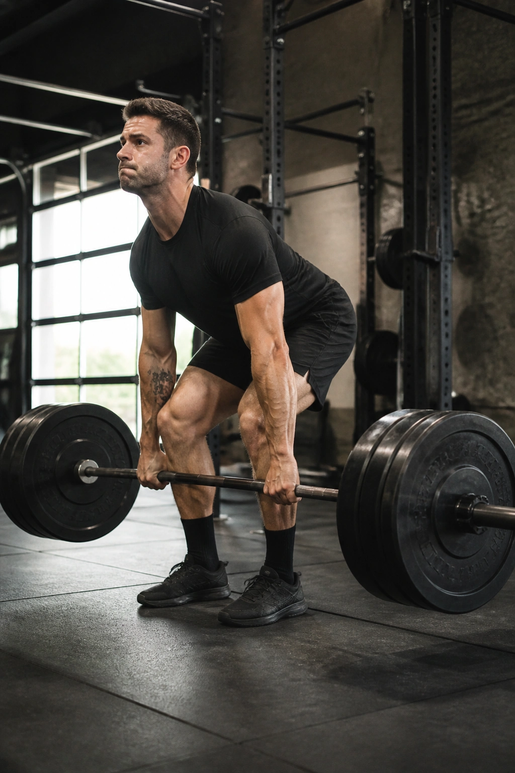 Lifter performing a heavy deadlift in a gym setting