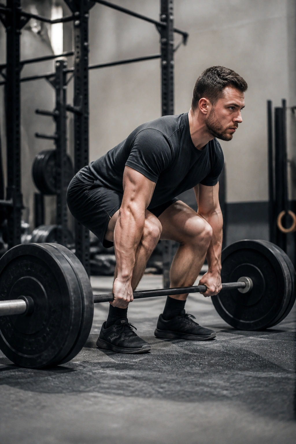 Lifter performing deadlift with controlled form, gym
