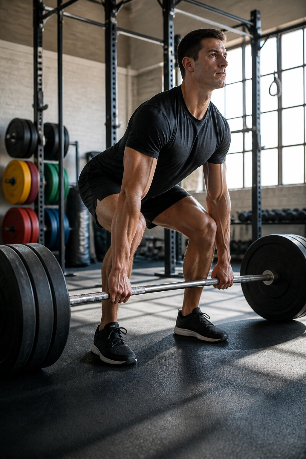 Lifter performing a deadlift with barbell in gym.