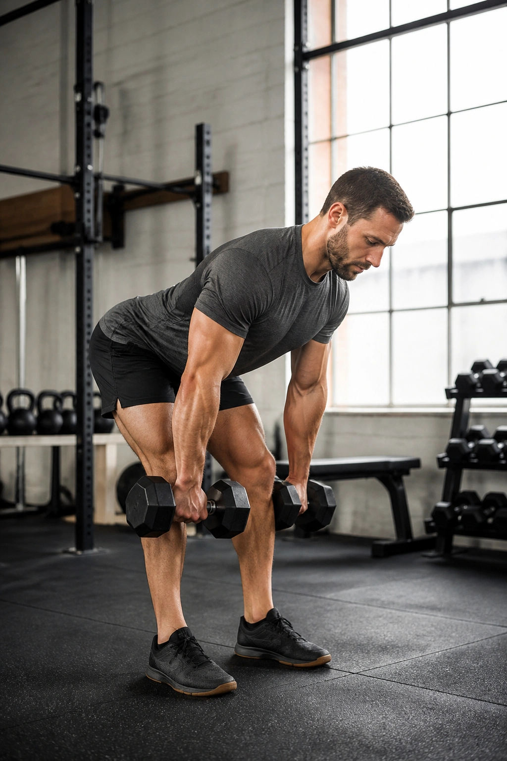 Romanian deadlift with dumbbells performed by a person in a gym