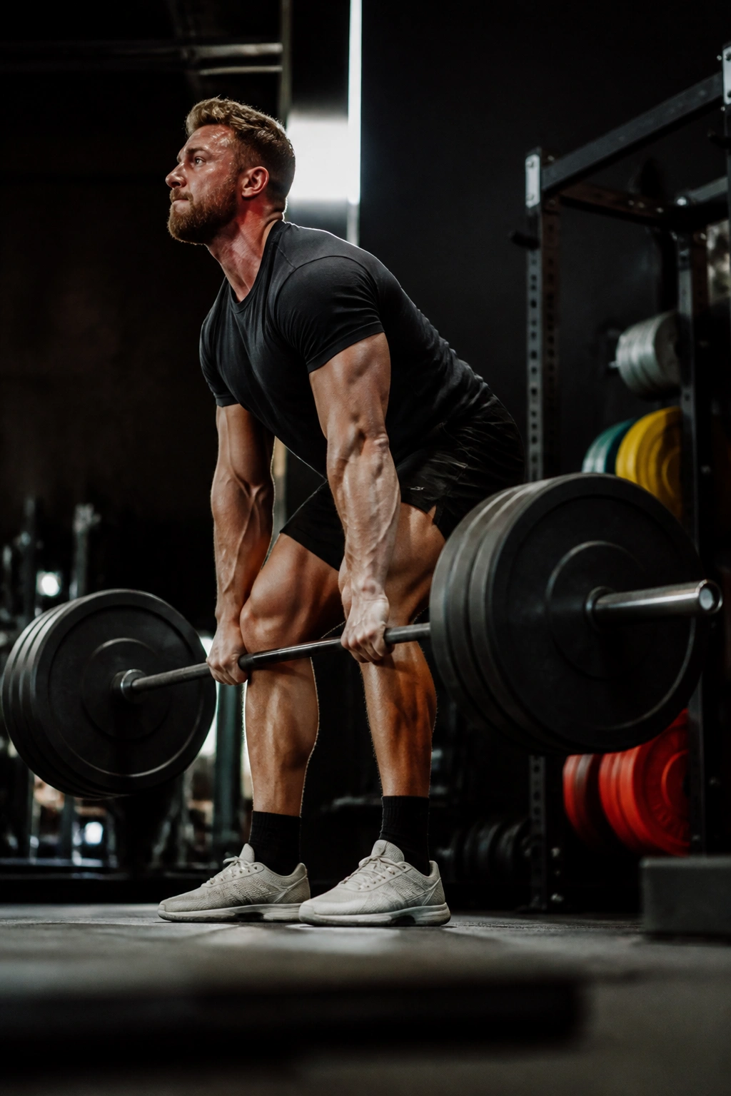 Close-up of a lifter performing a fast deadlift in a gym, barbell moving explosively.