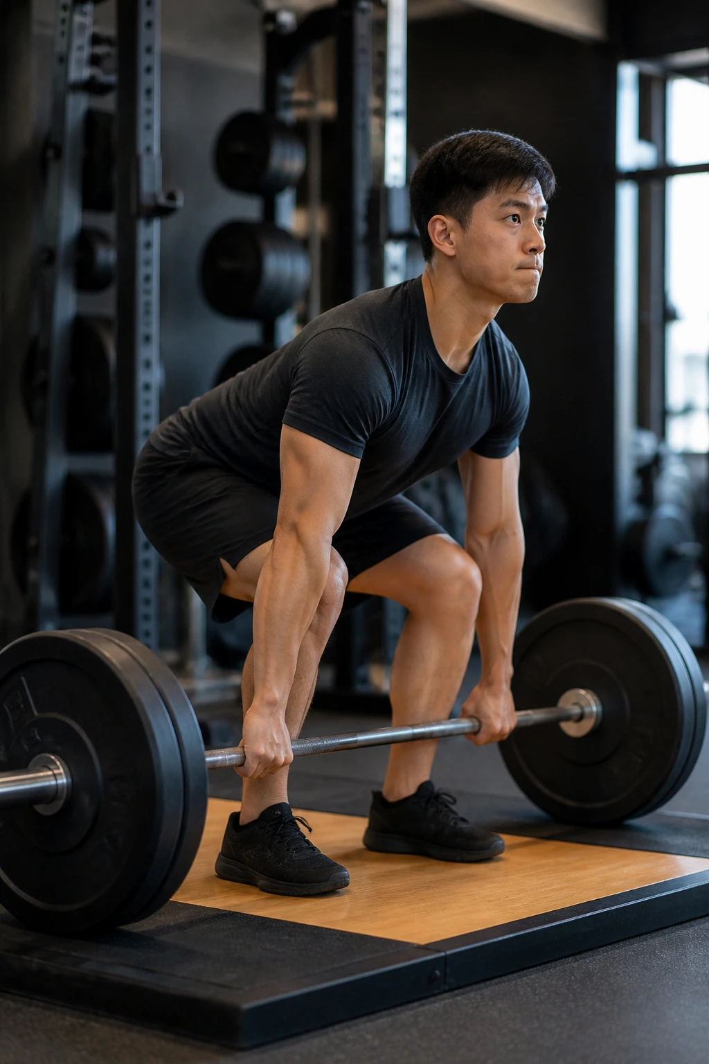 Person performing a deadlift with proper setup on a raised platform in gym