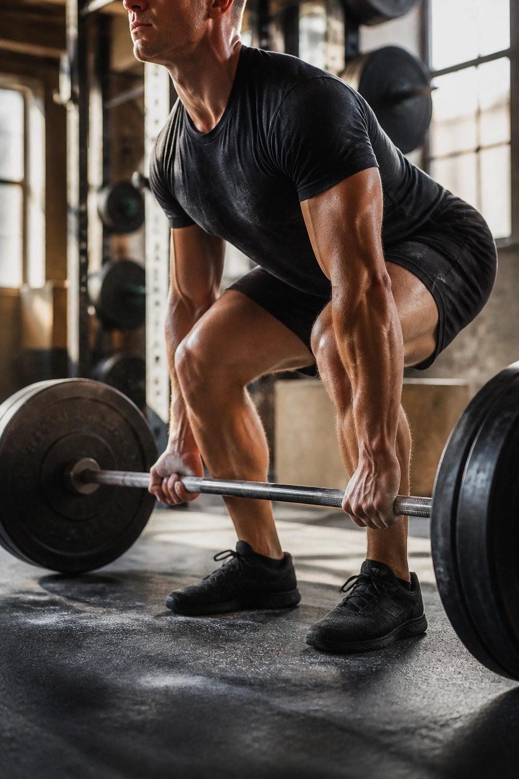 Lifter's torso and arms gripping barbell during a conventional deadlift in a gym