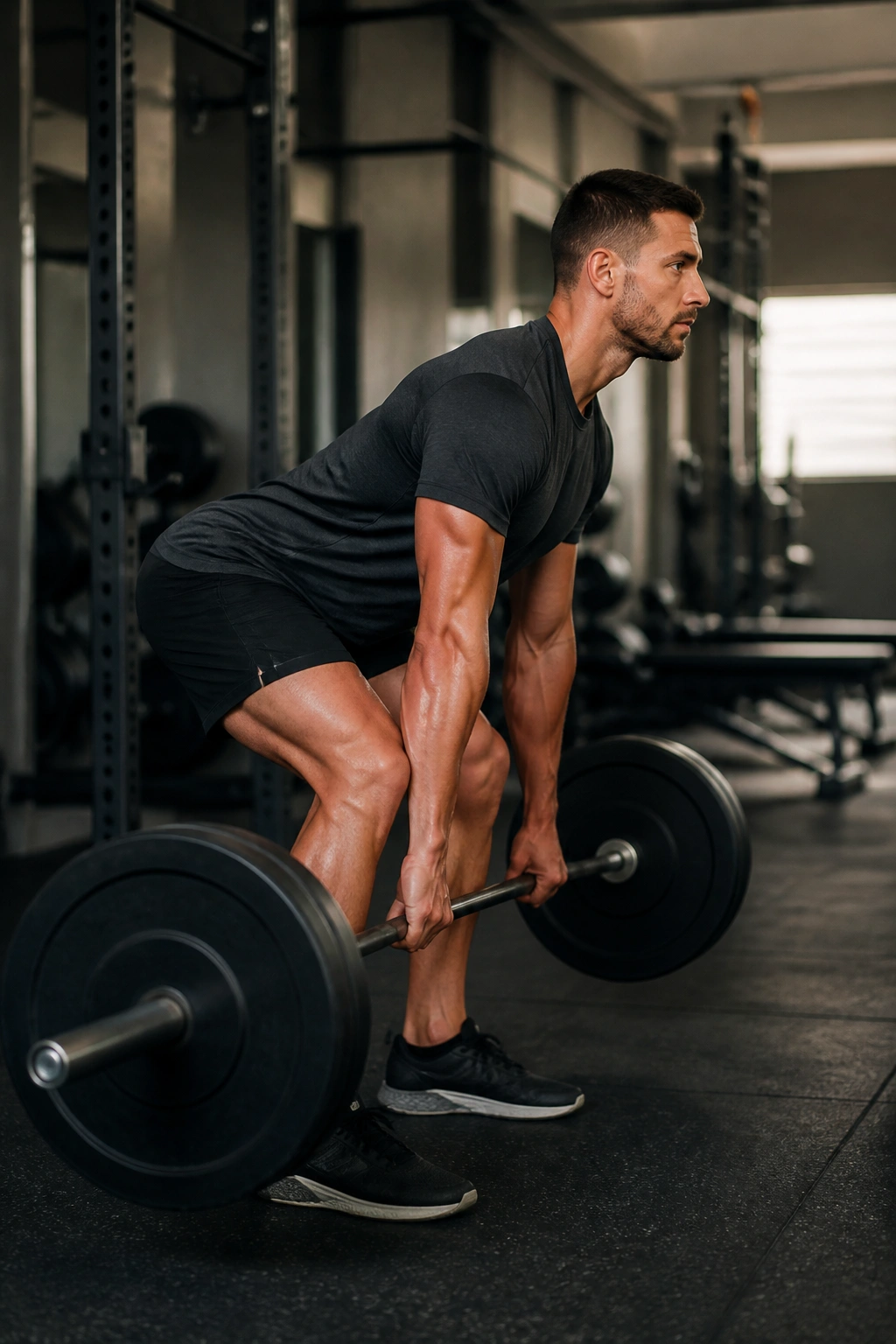 Side view of person performing a deadlift in a gym.