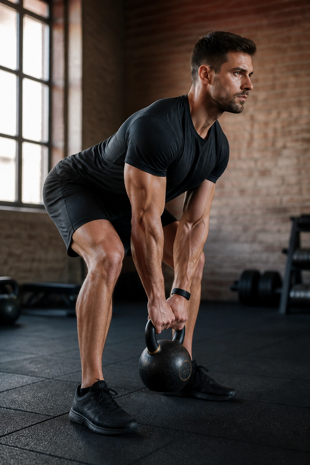 Close-up of a real person performing a kettlebell deadlift with bell between feet