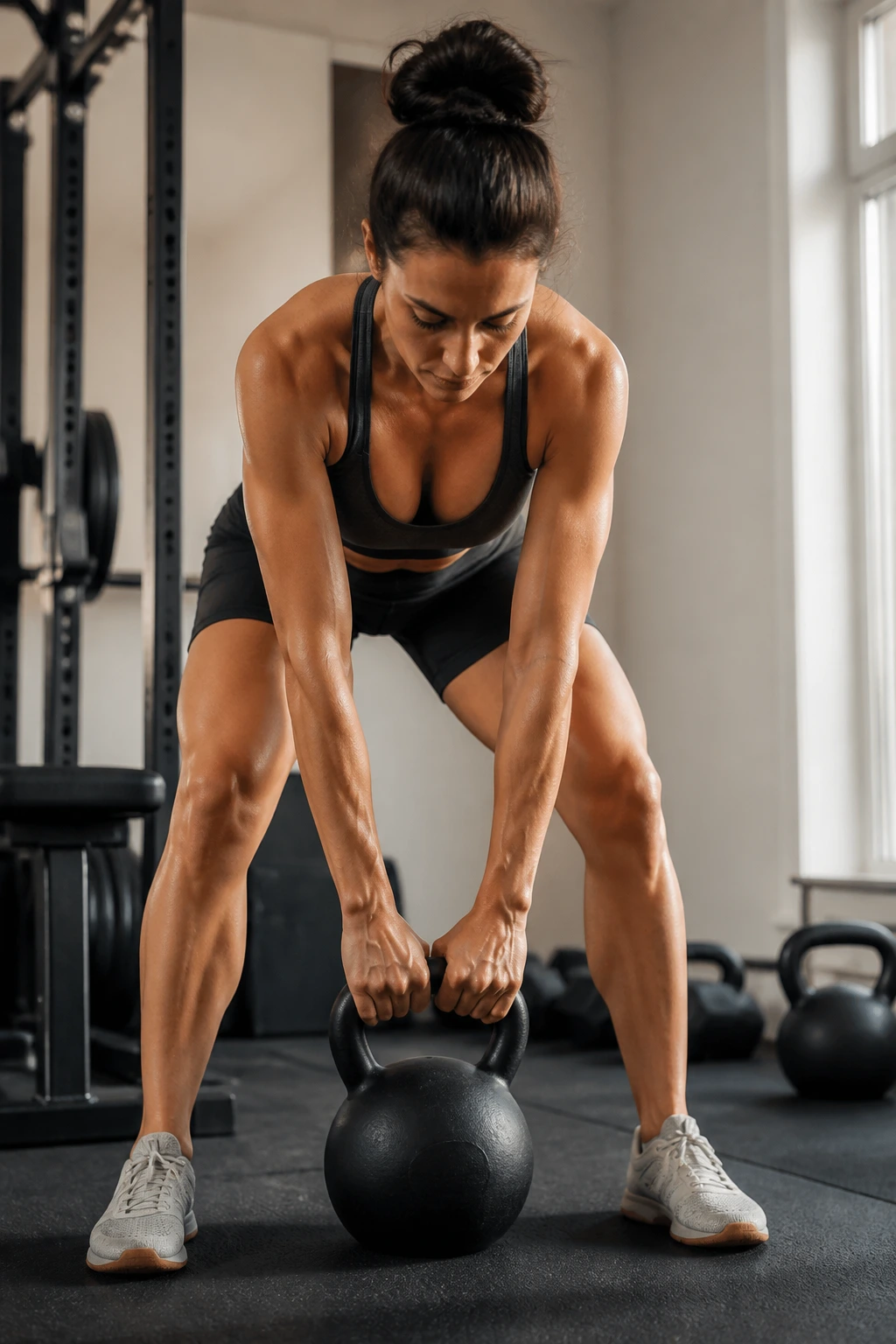 Person performing heavy kettlebell deadlift setup in a home gym