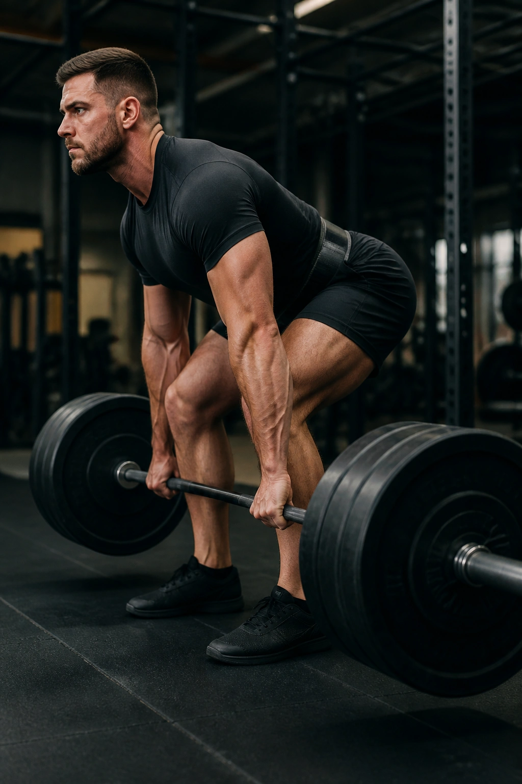 Side view of a lifter performing a heavy deadlift with braced core