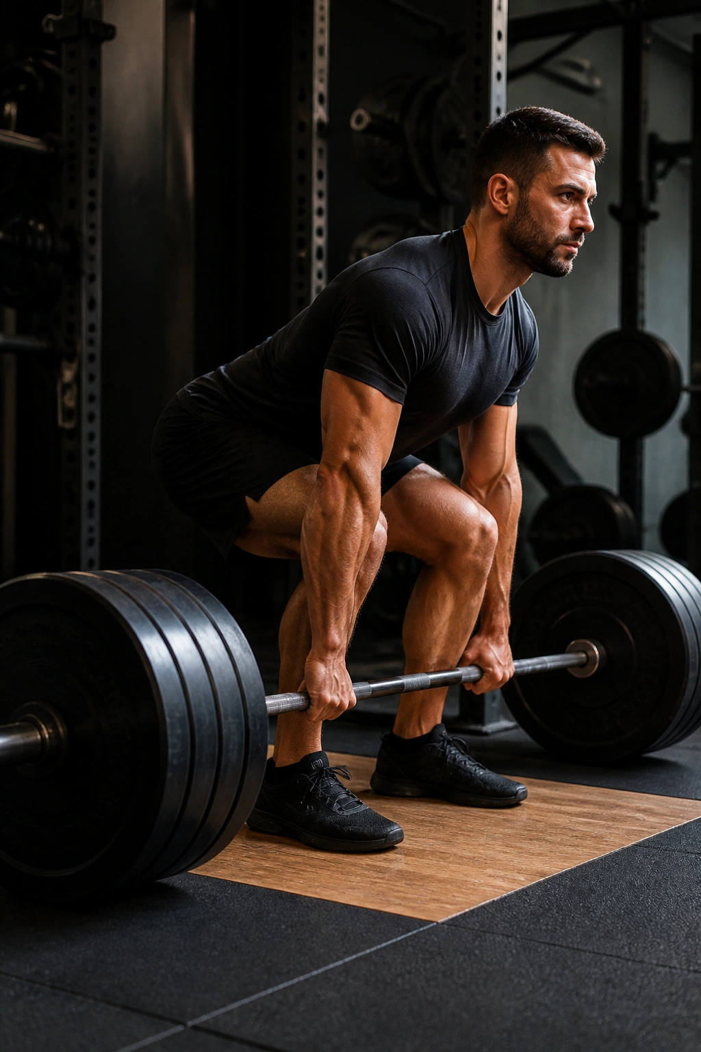 Real lifter performing conventional deadlift with barbell