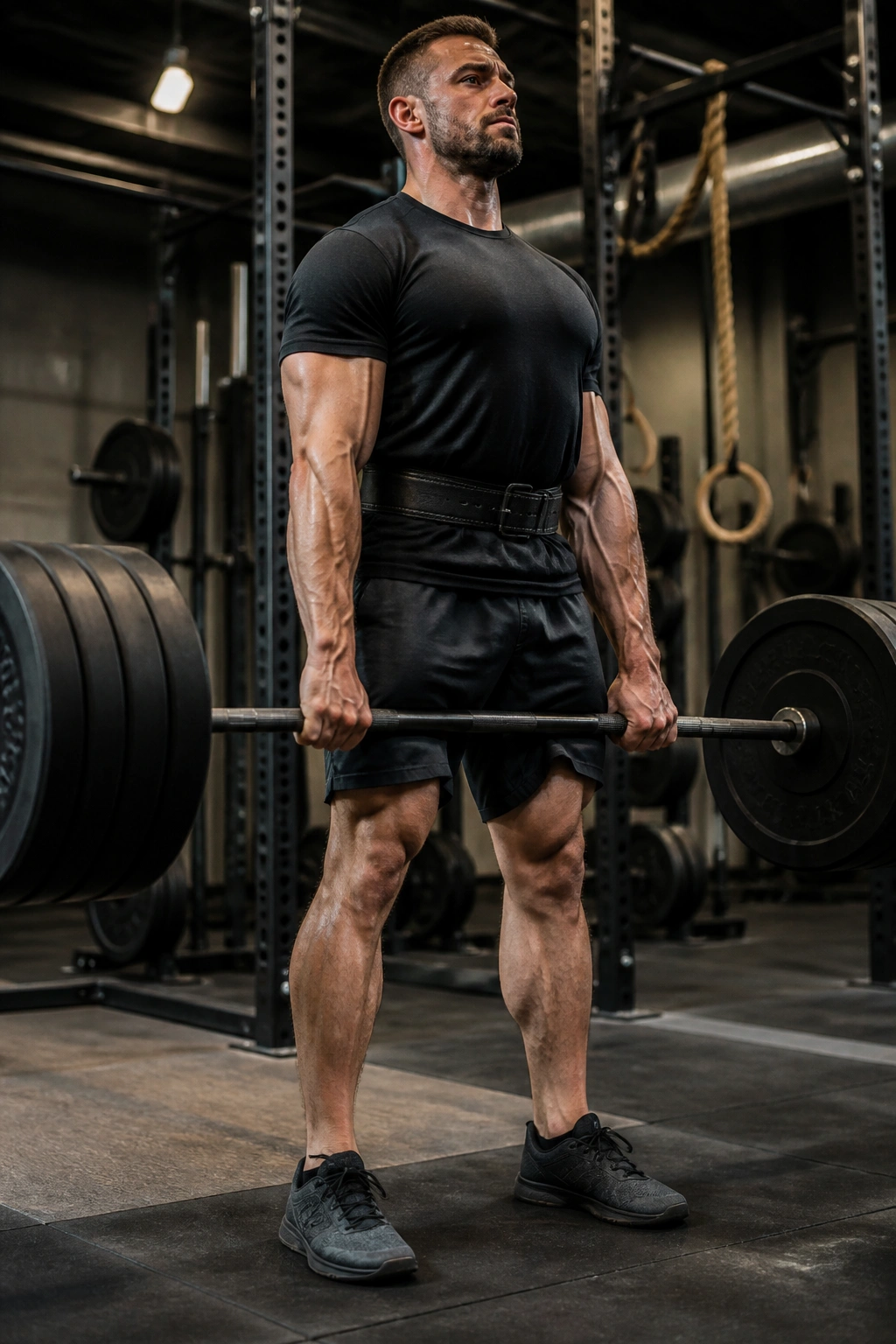 Athlete mid-deadlift with back straight and barbell off the floor