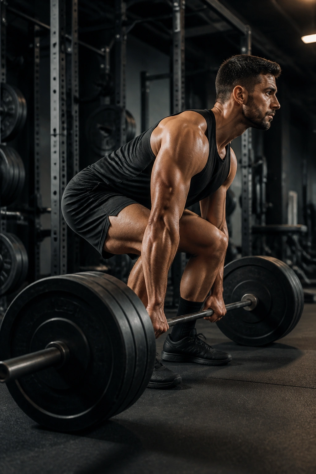 Real lifter performing heavy deadlift in gym, strength-first emphasis.