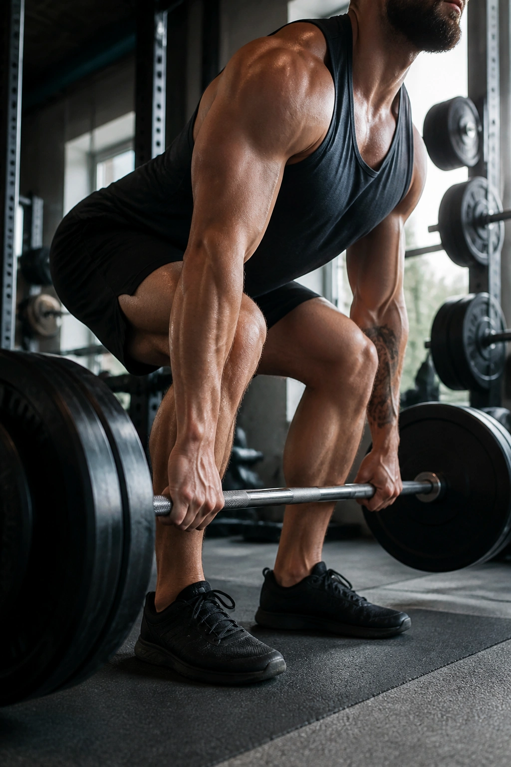 Close-up of a lifter bracing the core during a deadlift in a gym
