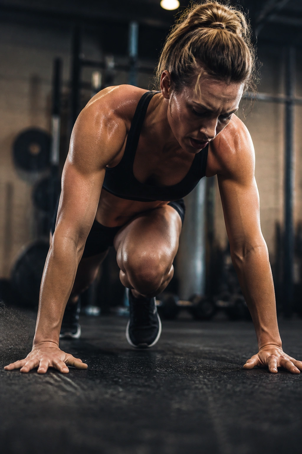 Real person performing chaotic HIIT circuit in gym