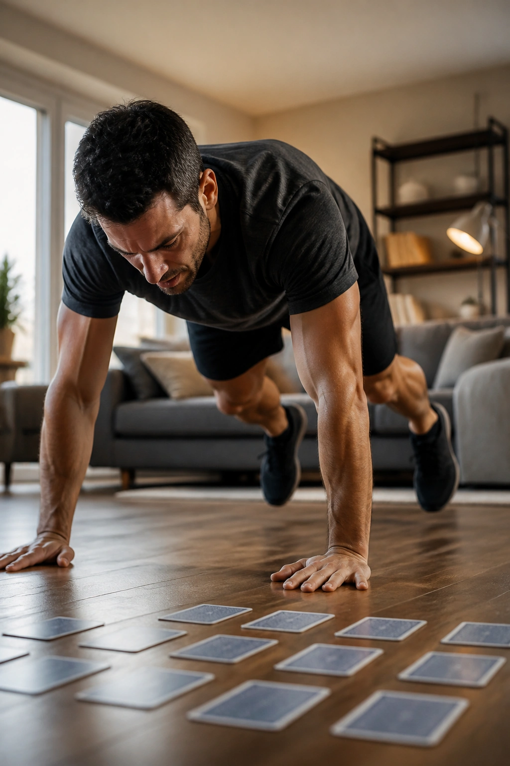 Real person performing burpees with a deck of cards on the floor in foreground