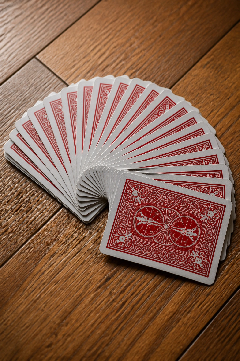 Close-up of card backs fanned on a gym floor for a deck-of-cards workout