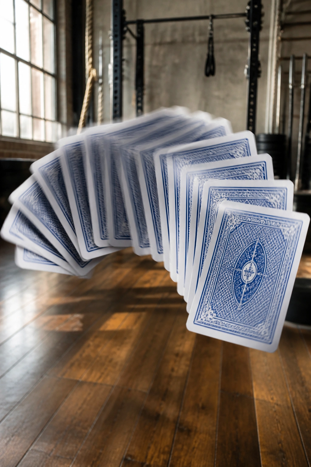 Close-up of card backs fanned in the air over a wooden gym floor