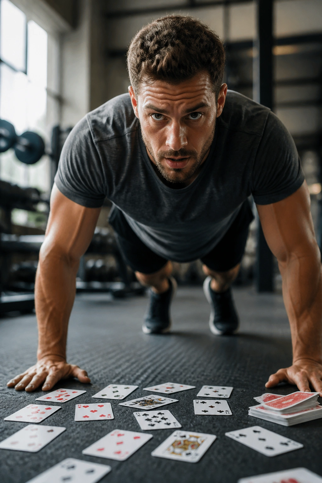 Real person performing a burpee as part of a deck-of-cards cardio workout in a gym