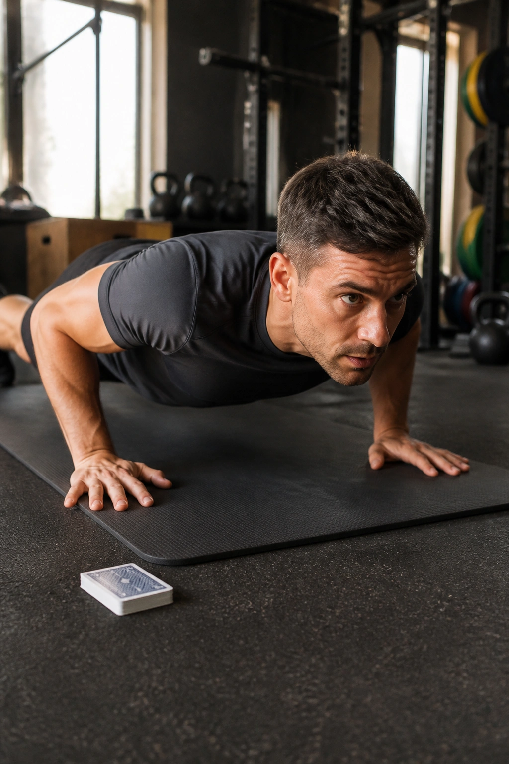Person performing a bodyweight exercise with a deck of cards nearby