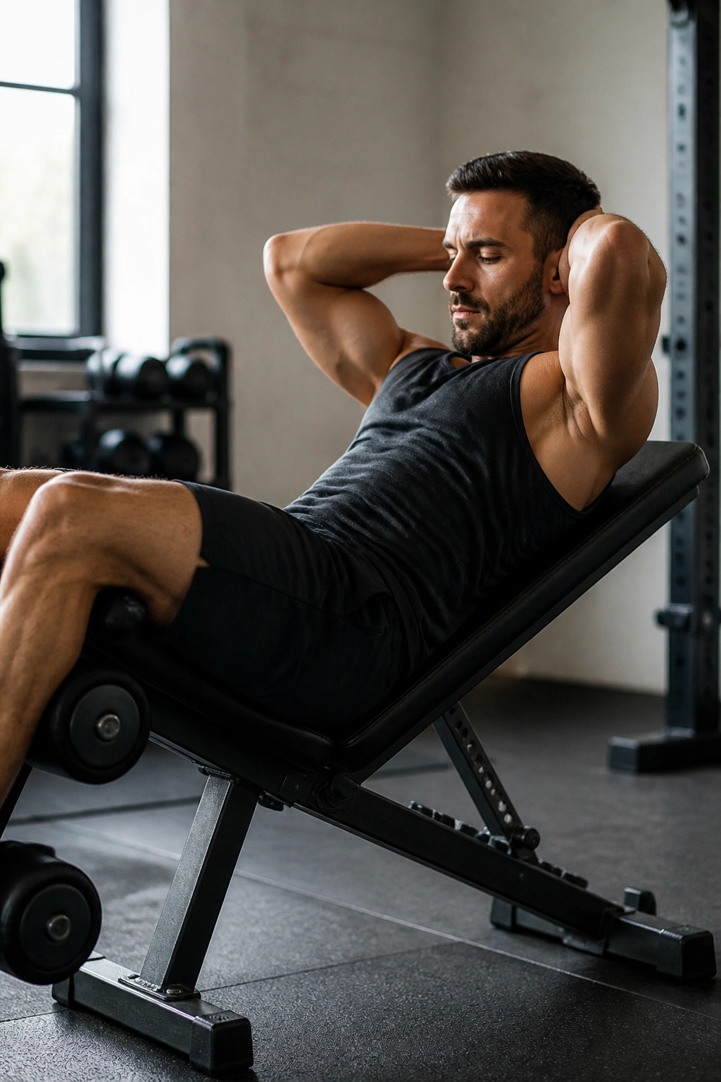 Close-up of a person doing a decline bench crunch with feet anchored and core engaged.