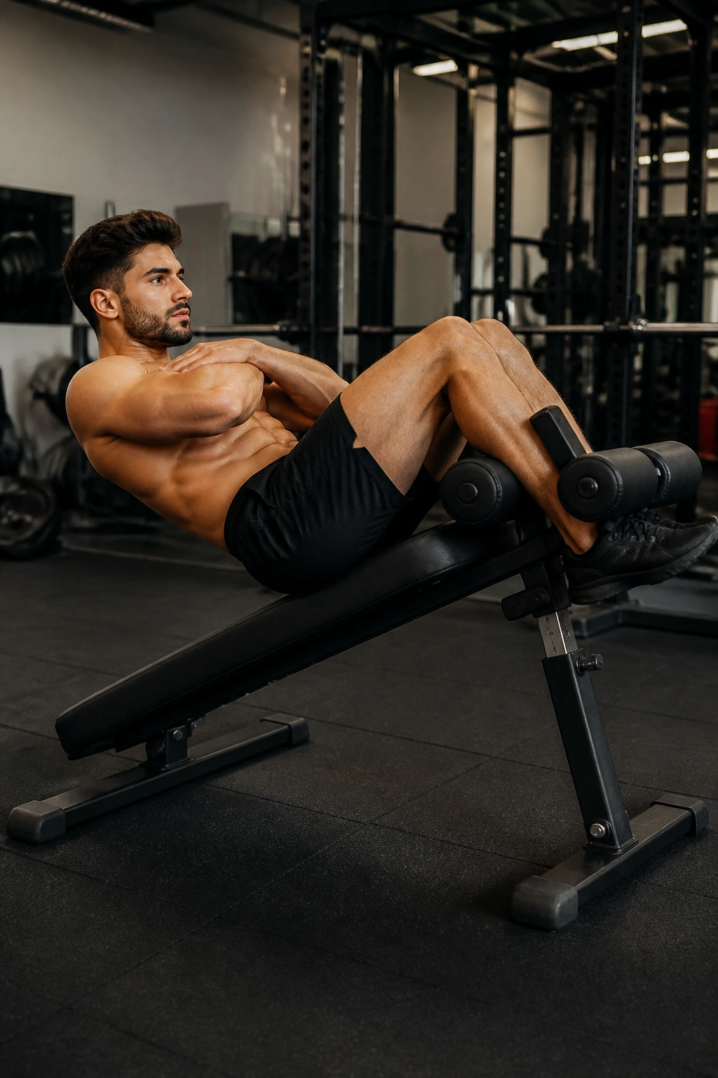 Medium shot of a person performing a crunch on a decline bench to target the upper abs