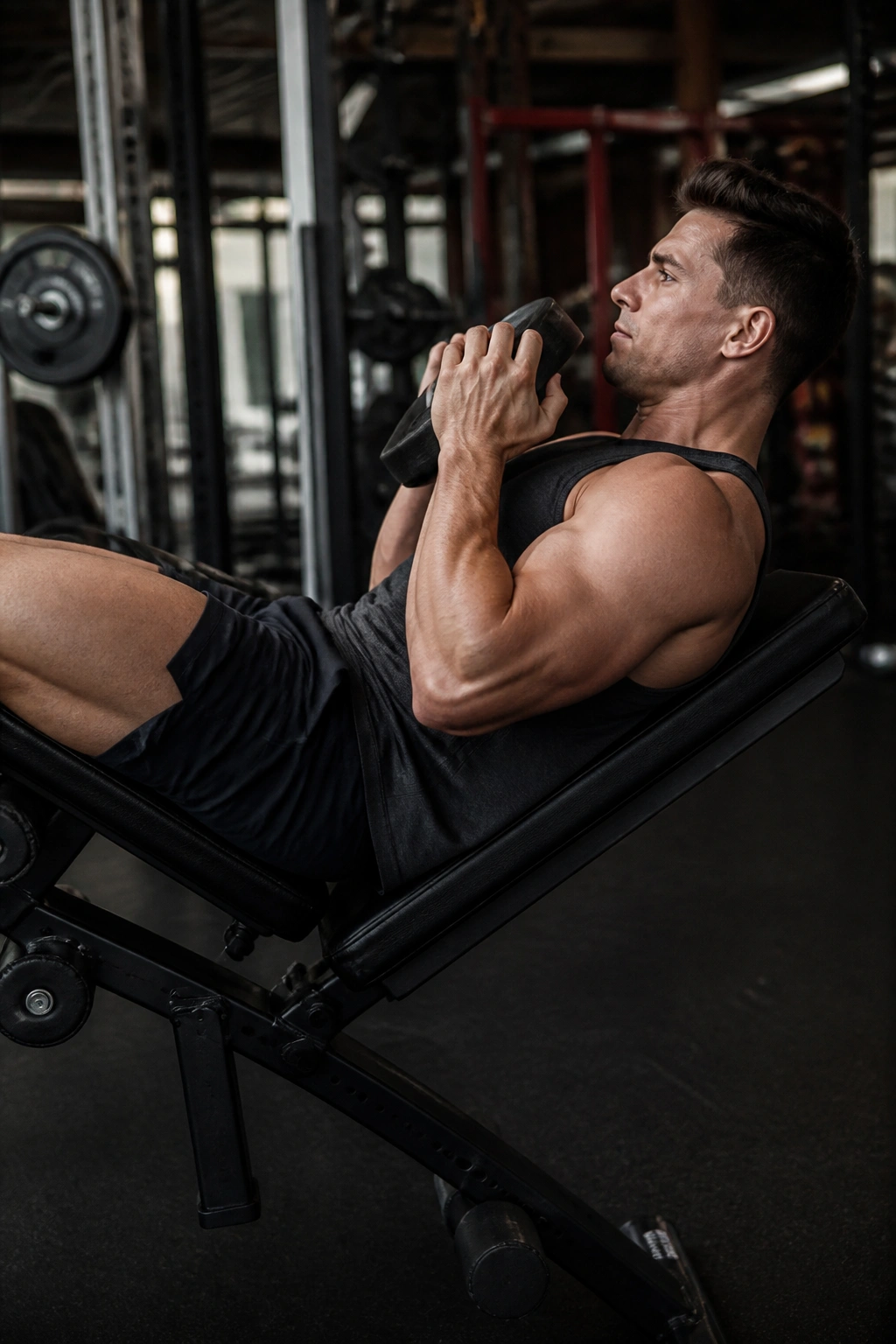 Person performing weighted sit-up on a decline bench