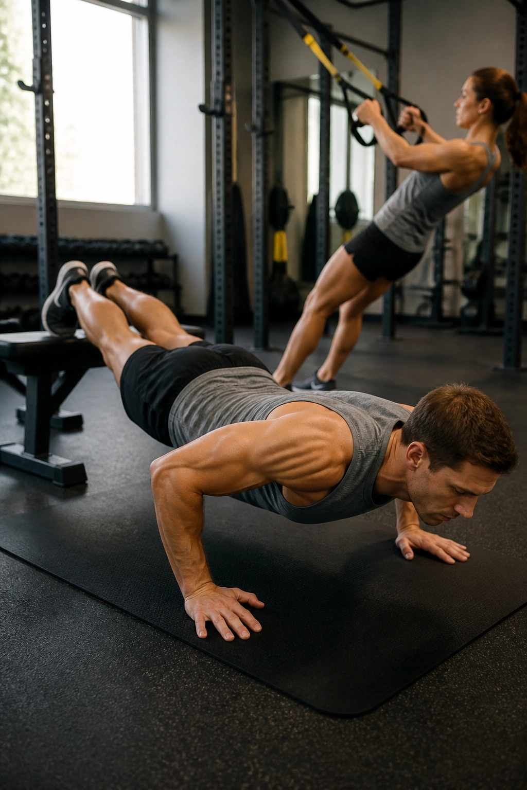 Close-up of a person performing decline push-up with TRX row visible in the gym background