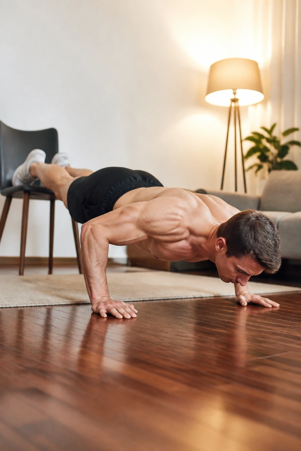 Real person performing decline push-ups with elevated feet for upper chest emphasis.