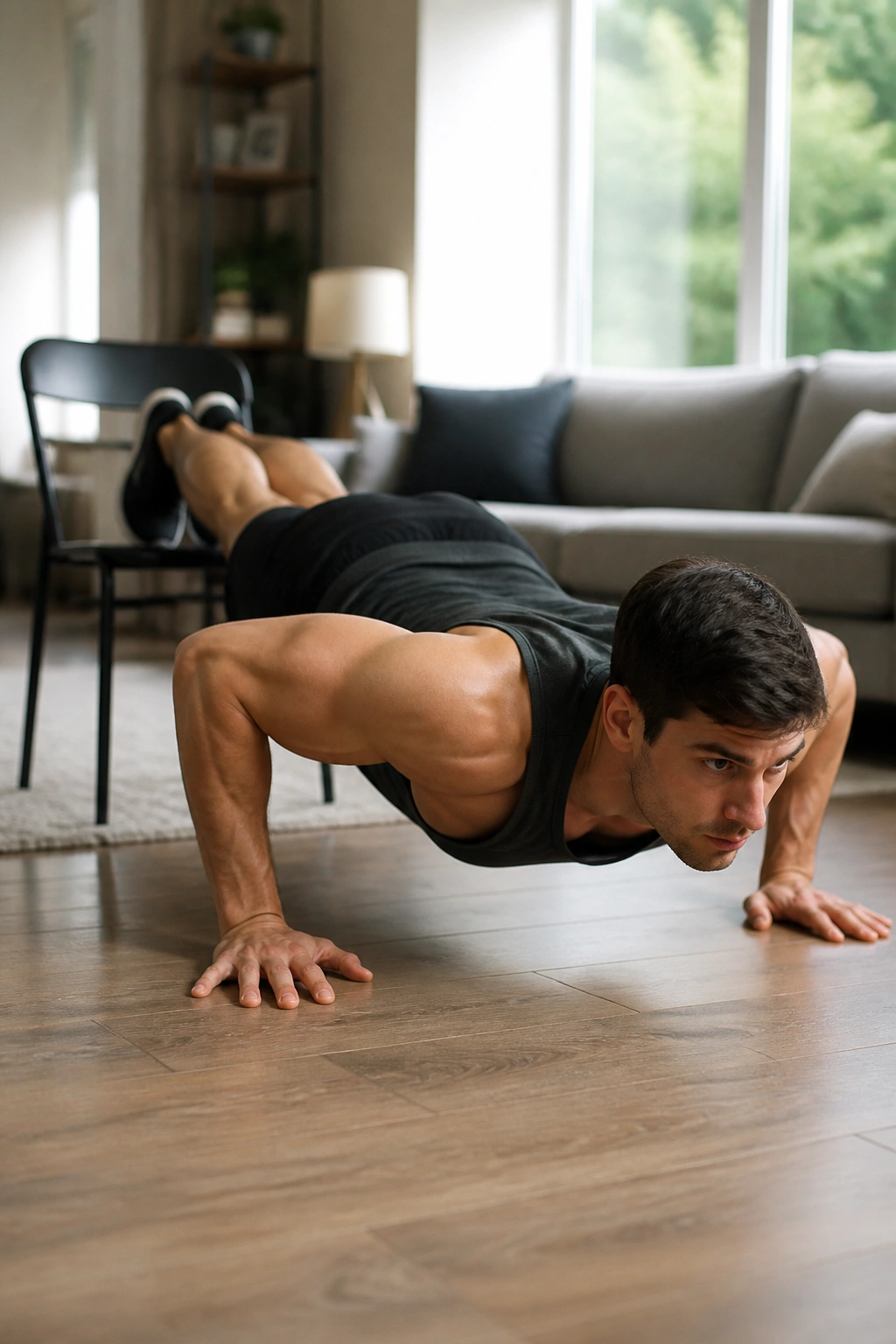 Real person performing a decline push-up with feet on a chair, focusing on upper chest engagement.