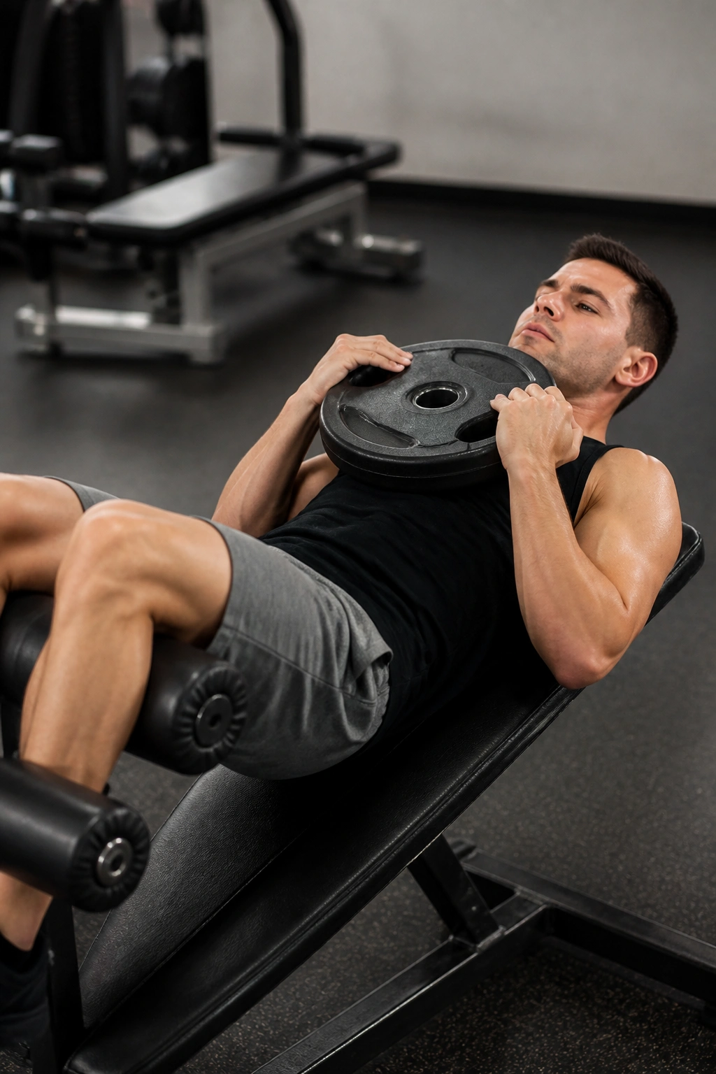 Person performing decline sit-ups with plate on chest on a decline bench.