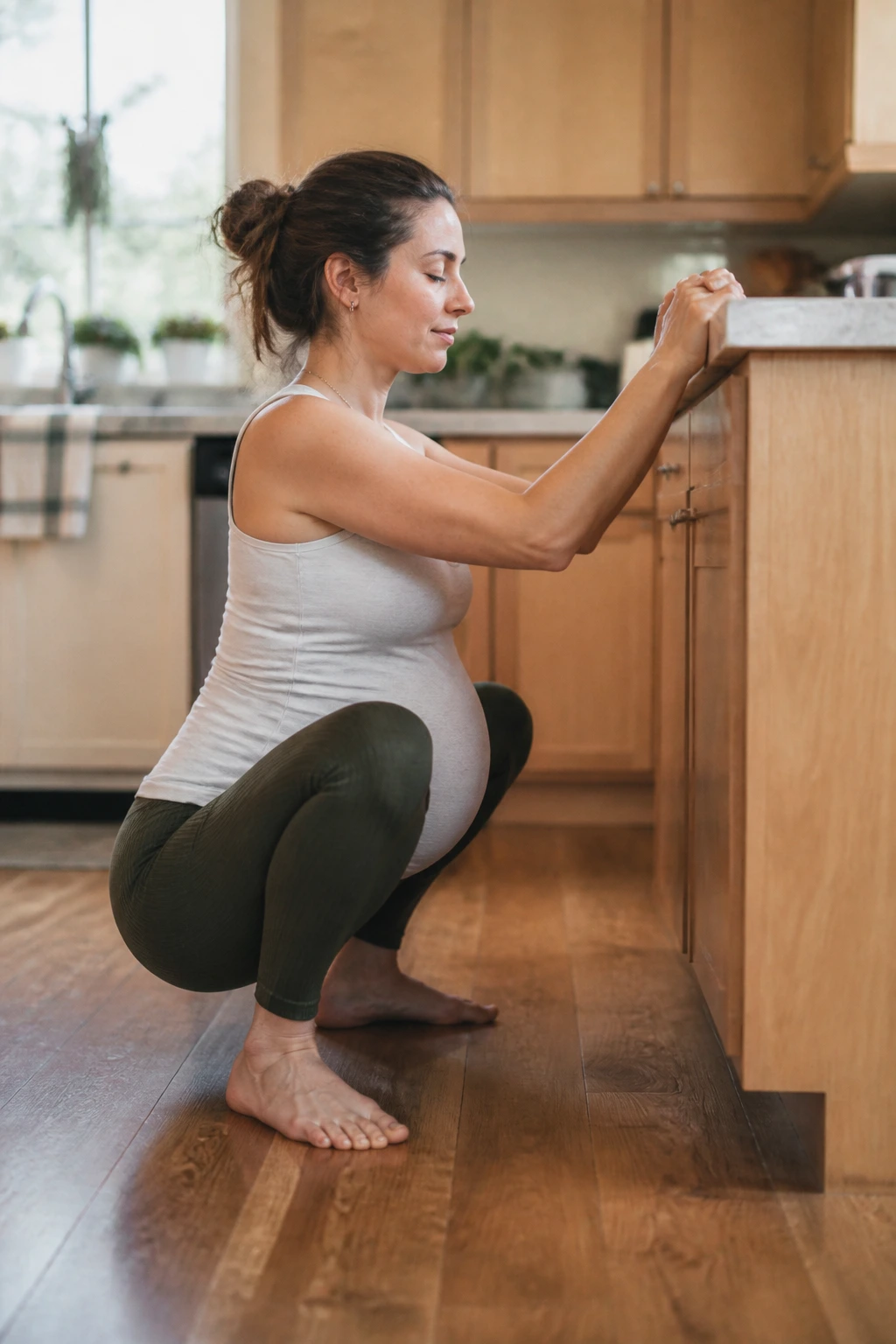 Woman performing supported deep squat breathing with counter support in kitchen