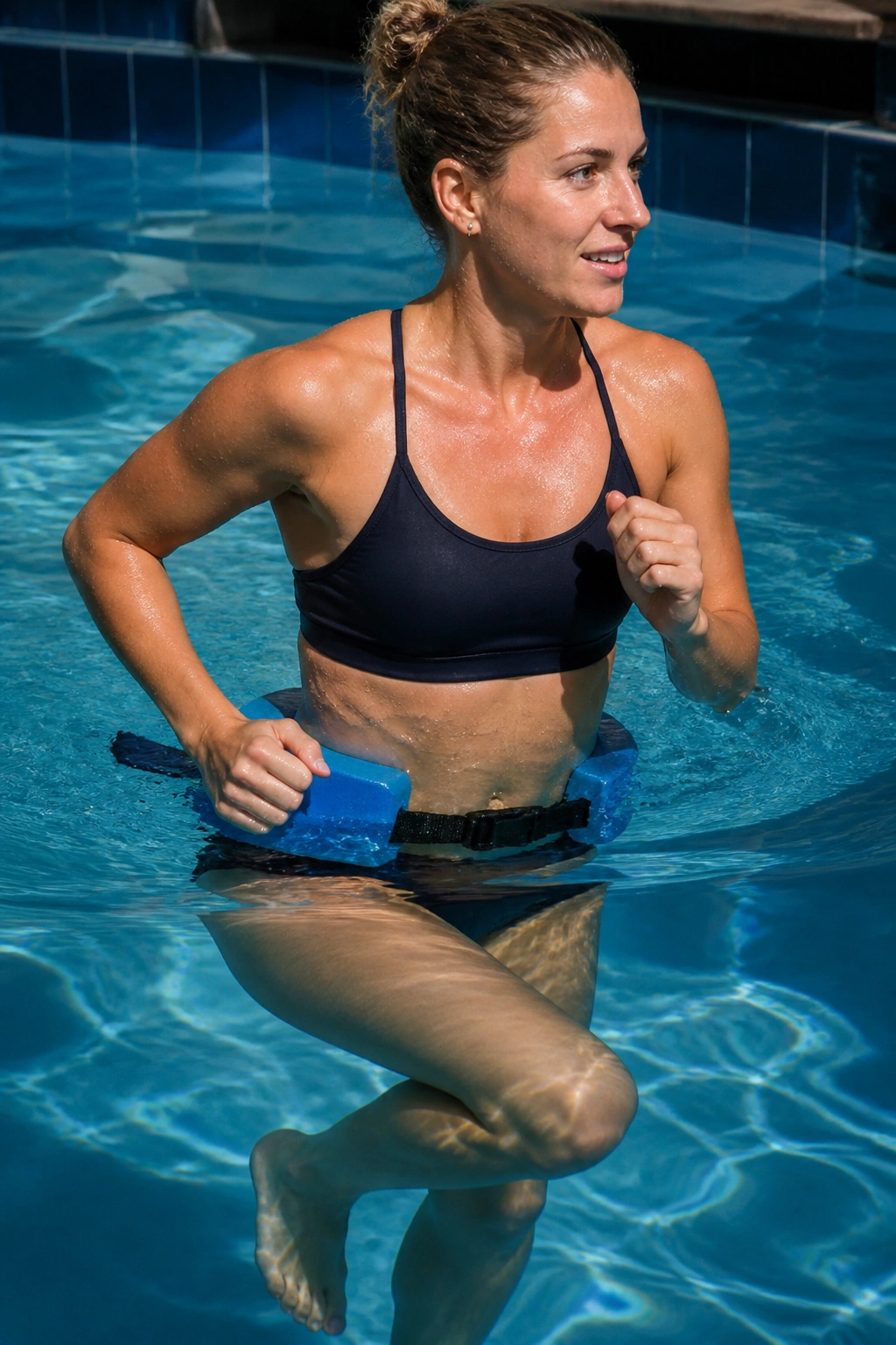 Close-up of a runner wearing a flotation belt performing deep-water running in a pool