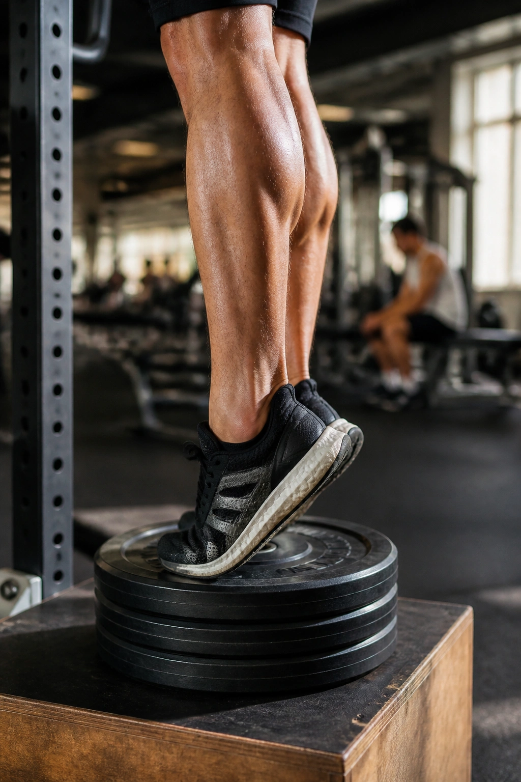 Close-up of a calf performing a deficit calf raise on a plate stack in a gym