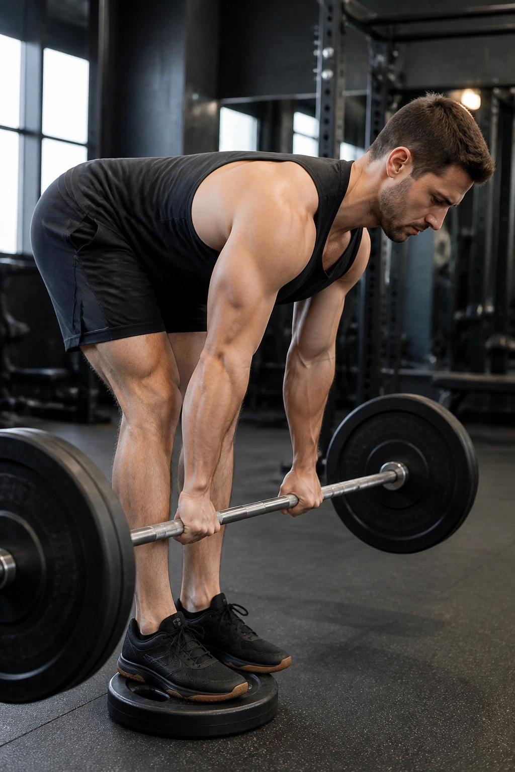 Close-up of lifter on deficit platform performing deficit straight leg deadlift emphasizing deep hamstring stretch