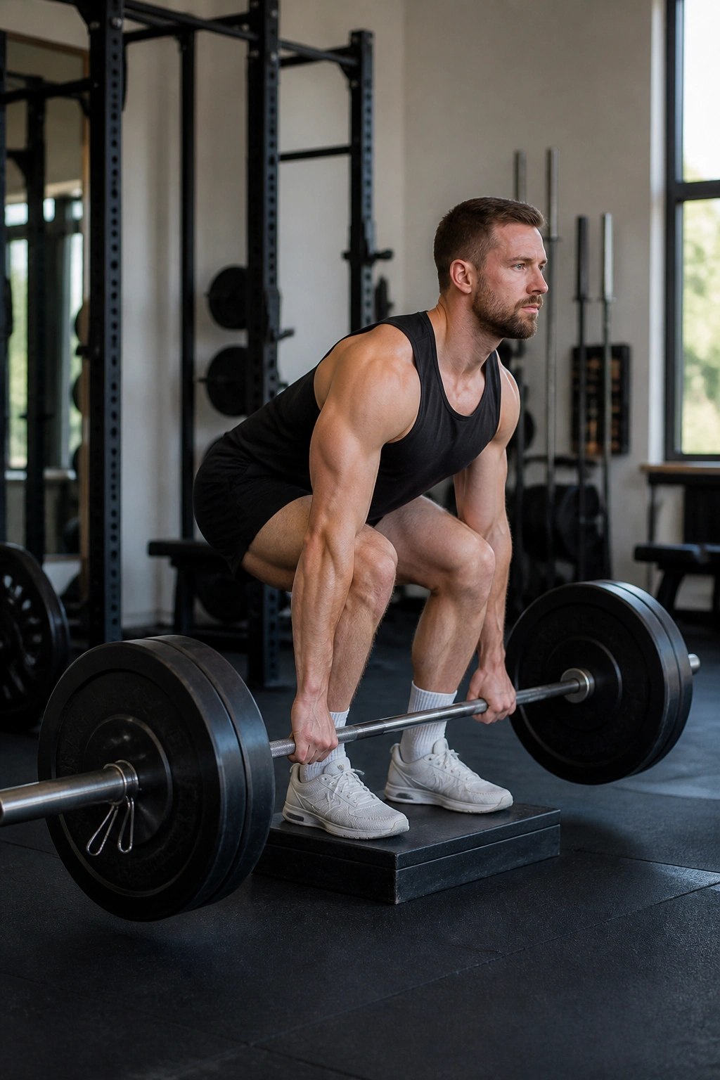 Person performing a deficit deadlift from an elevated start on a platform